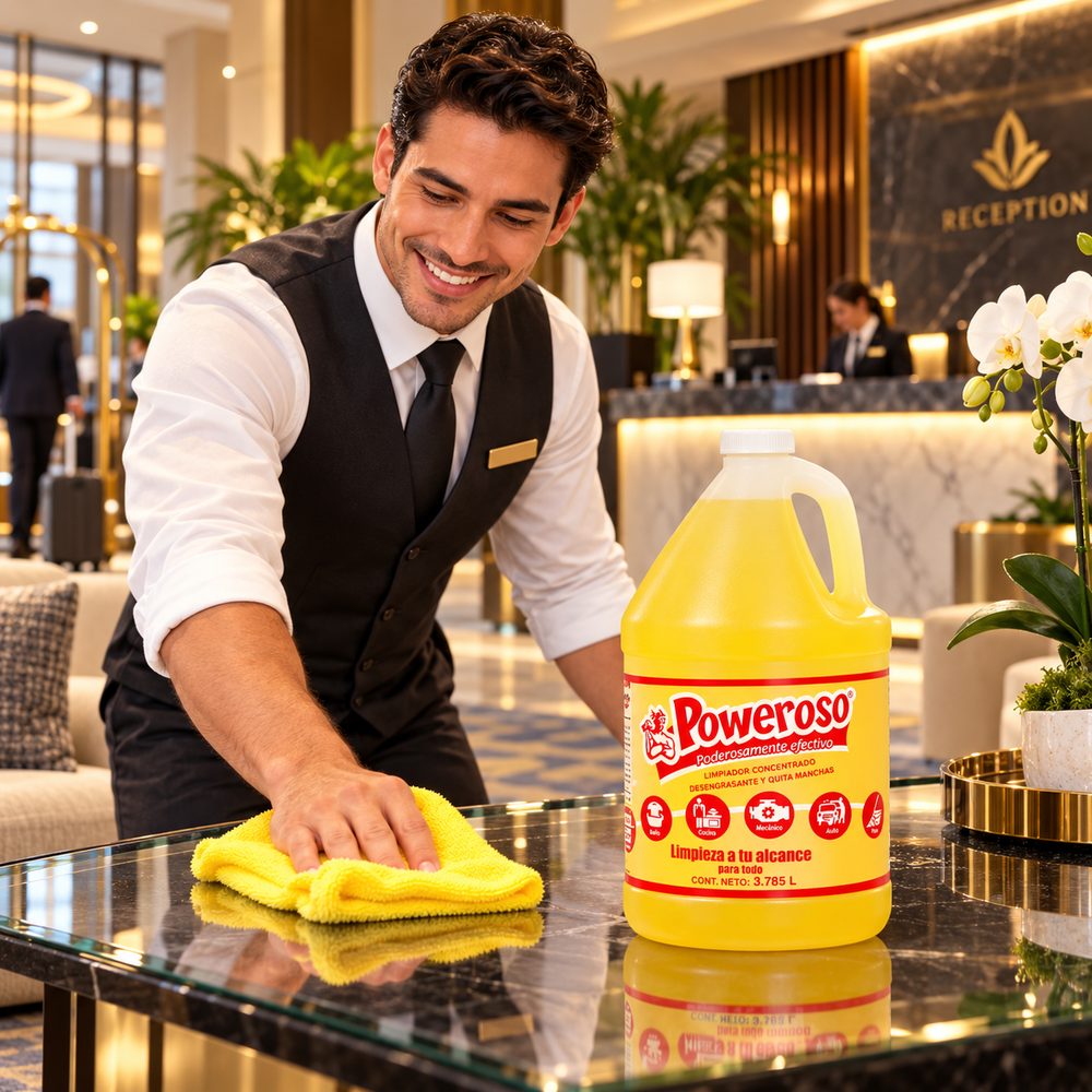 Productos de limpieza para hoteles por mayoreo en Los Cabos: personal de hotel limpiando una mesa del lobby con Poweroso Multiusos galón